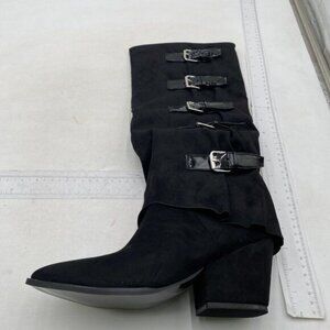 Fold Over Boots Knee High Chunky Block Heel Boots with Belts Black Shoes